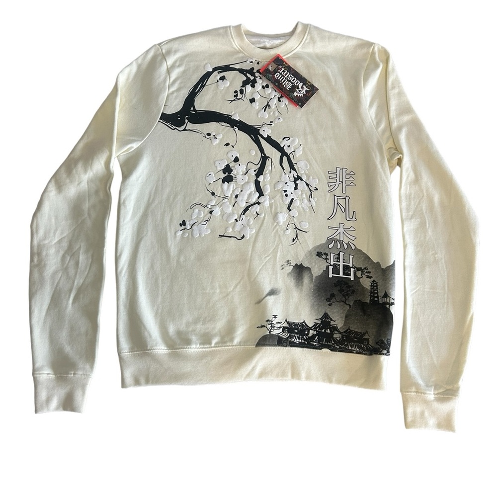 BLIND ROOSTER Asian Graphic Mountain Village Tree Soft Sweatshirt NWT Small